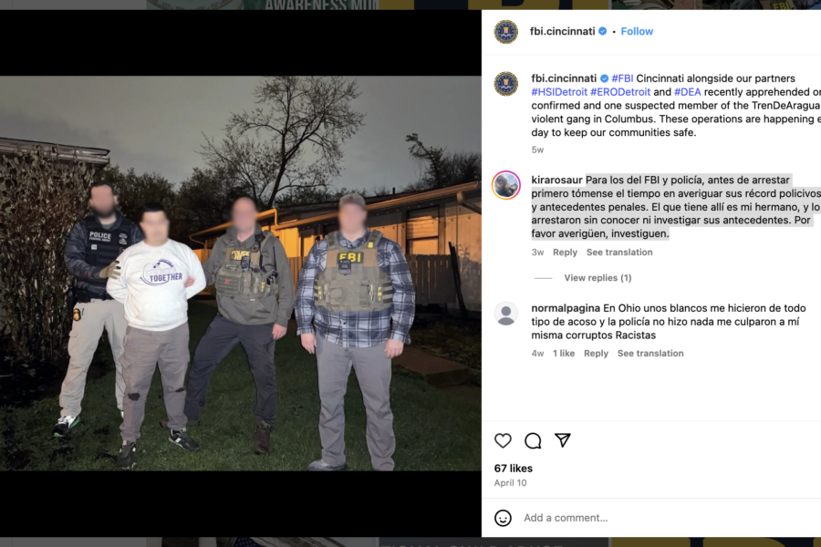 Screen shot of FBI Instagram post showing agents flanking an immigrant worker in a white tshirt and work pants saying he is a gang member when he is not